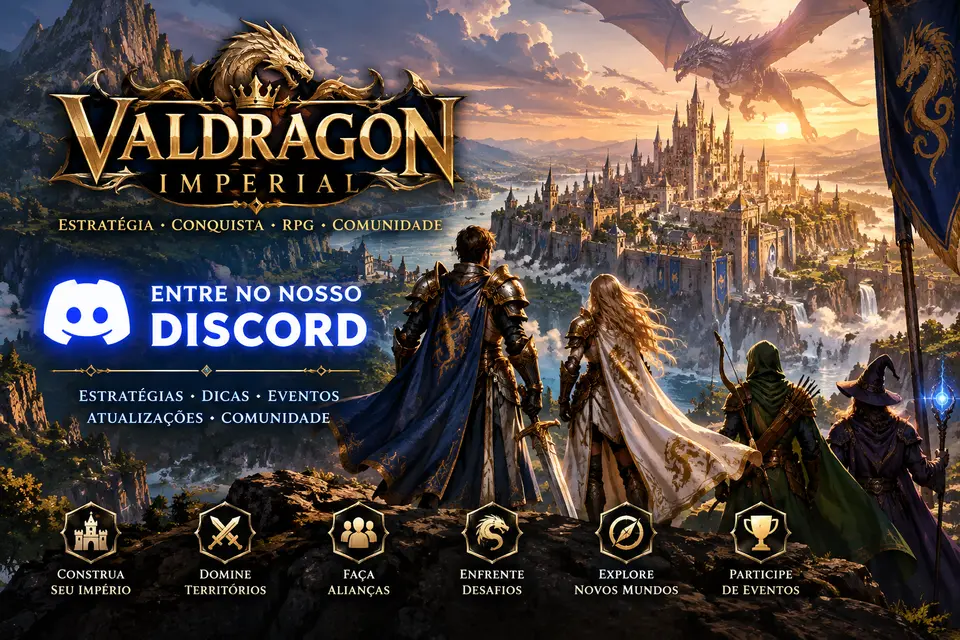 Heróis diante da capital imperial do Valdragon e convite para a comunidade no Discord